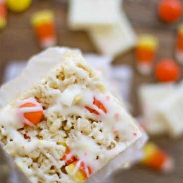 A close up of Candy Corn rice krispie treats