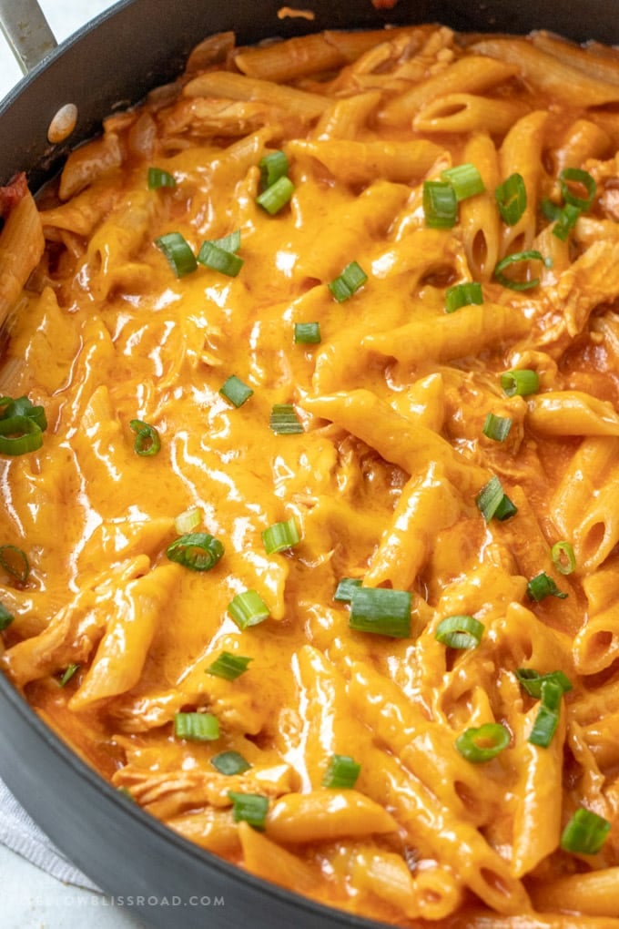 A pot of cheesy chicken pasta.