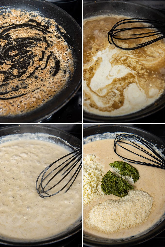 images in a collage showing how to make cremay pesto sauce