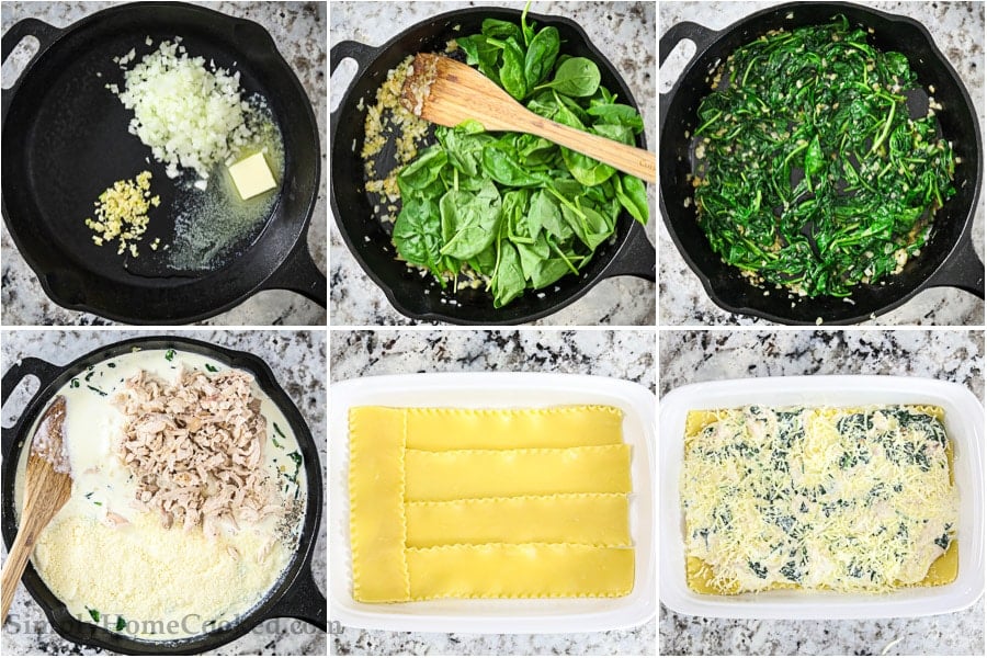 overhead image collage of steps to make Chicken Alfredo Lasagna