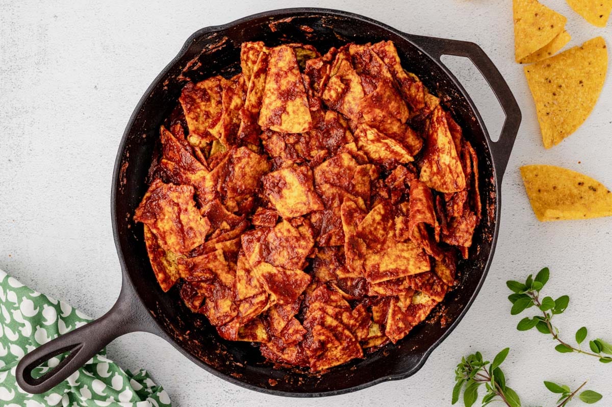 Chilaquiles in a skillet.