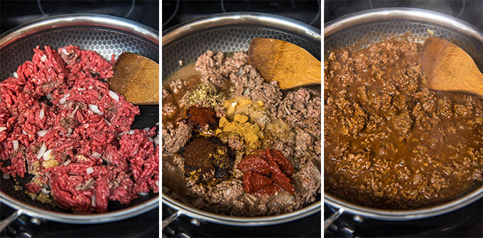 A collage of three images depicting the steps for making ground beef taco meat