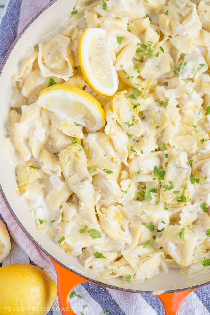 This Creamy Lemon Artichoke Tortellini Skillet is tender and cheesy and full of lemon-y flavor. It's a delicious one pan dinner any night of the week.