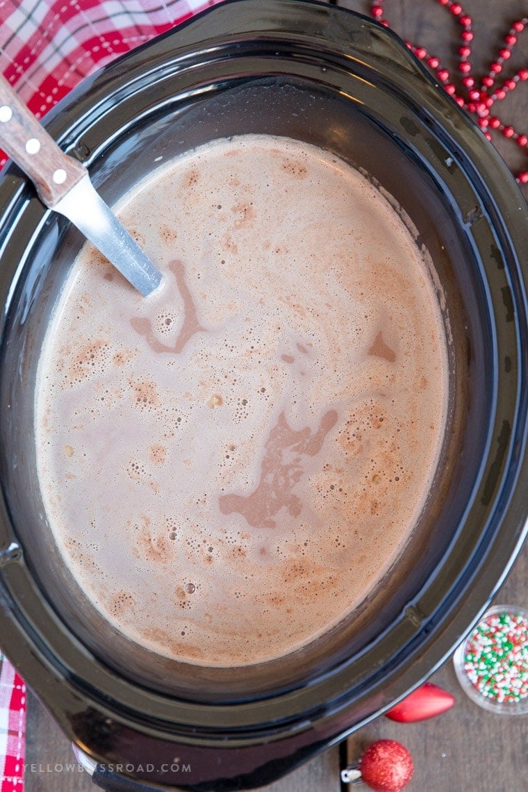 hot chocolate in a slow cooker with a ladle.