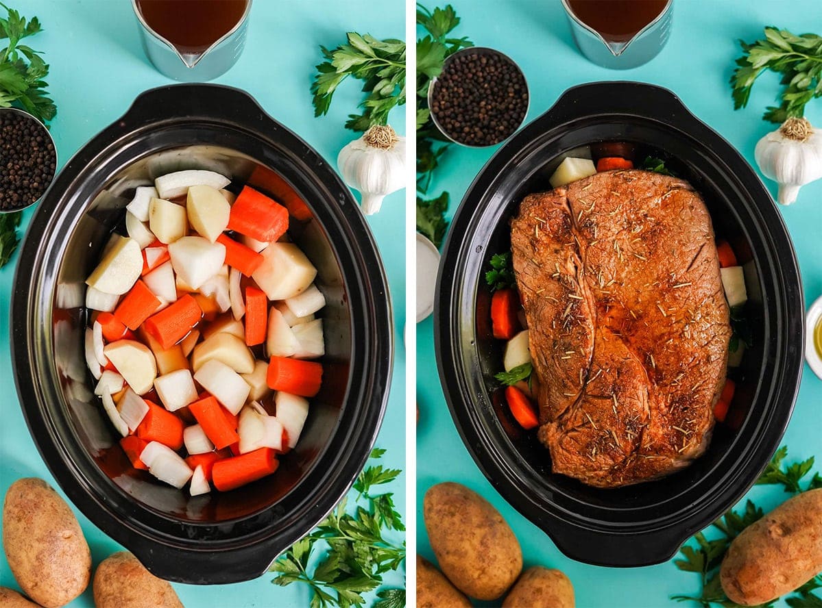 crock pot with vegetables and a chuck roast
