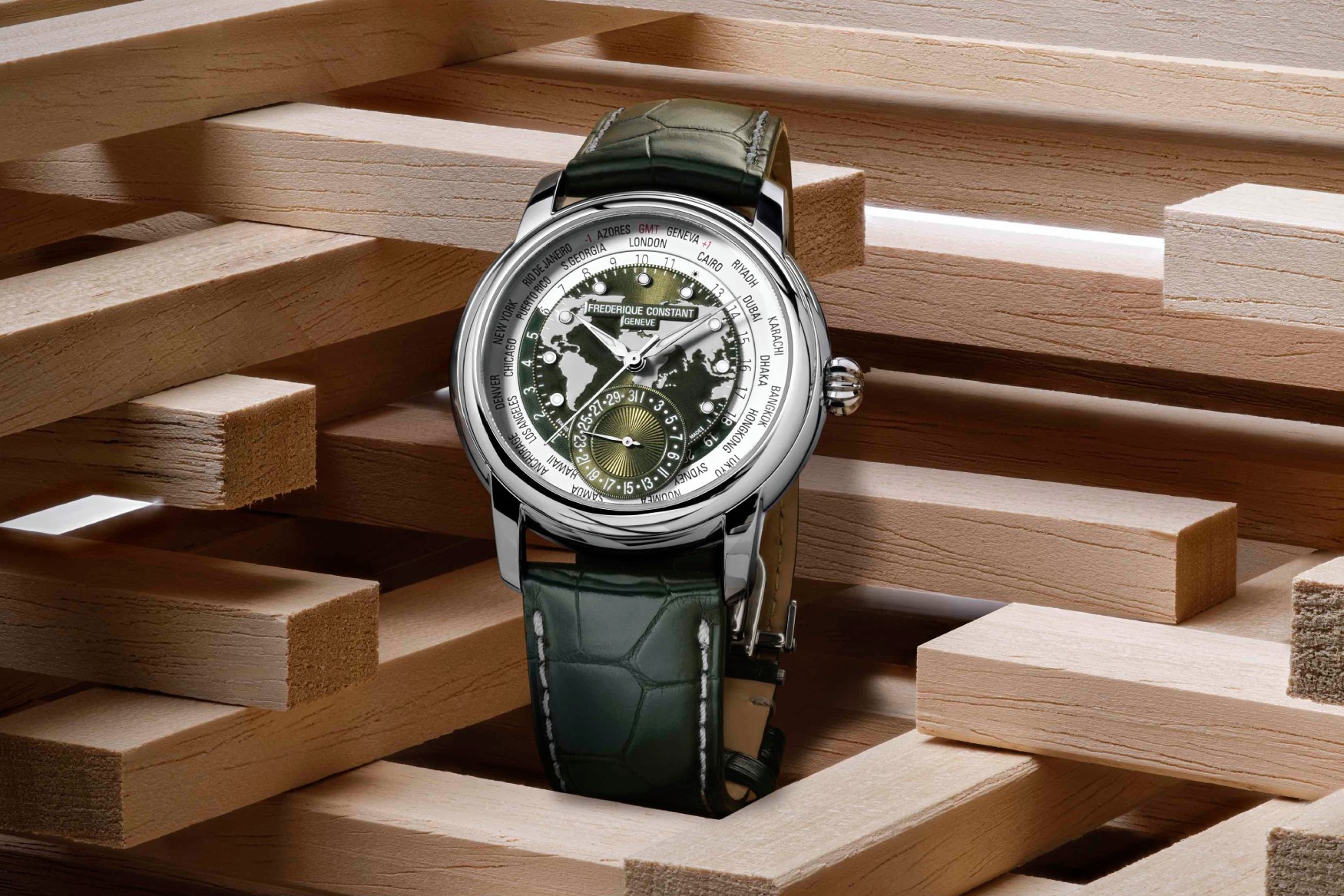 frederique constant classic worldtimer manufacture forest green steel