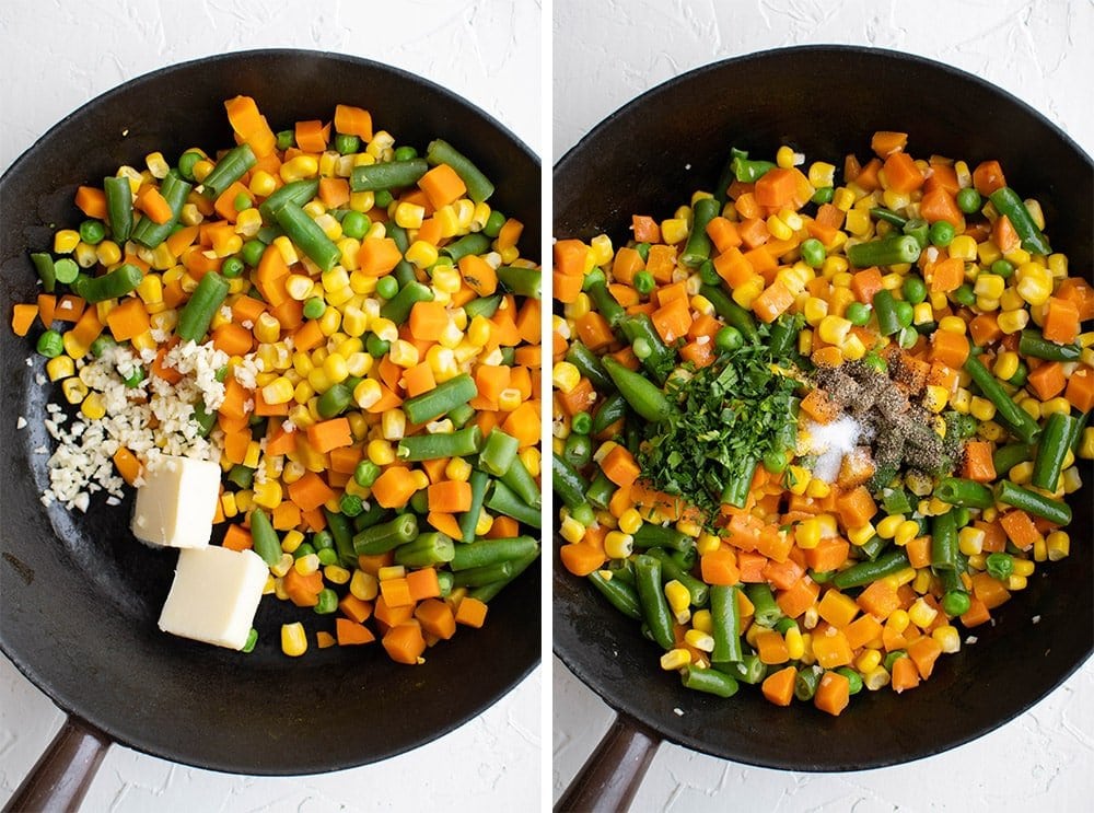 collage of 2 images showing frozen vegetables in a cast iron skillet, cooked with butter, garli, parsley