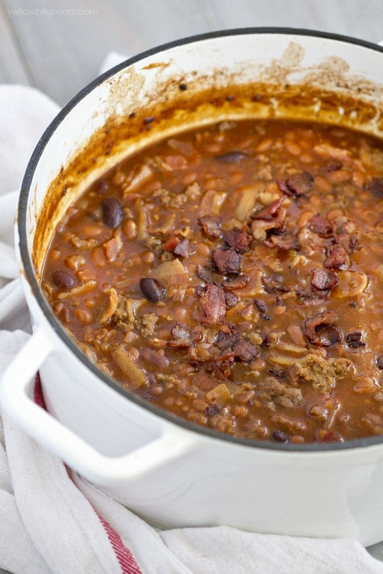 Hearty Baked Beans aka cowboy beans in a large soup pot.