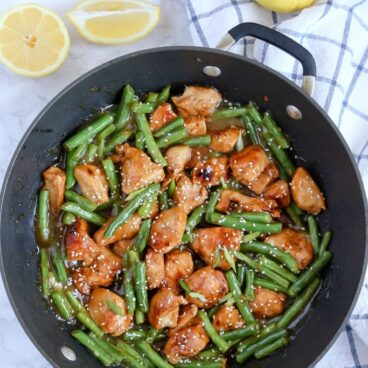 A pot of Honey Lemon Chicken and Green Beans