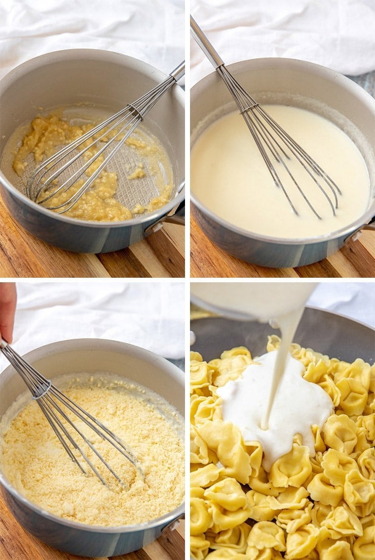A collage of photos showing how to make a garlic parmesan sauce.