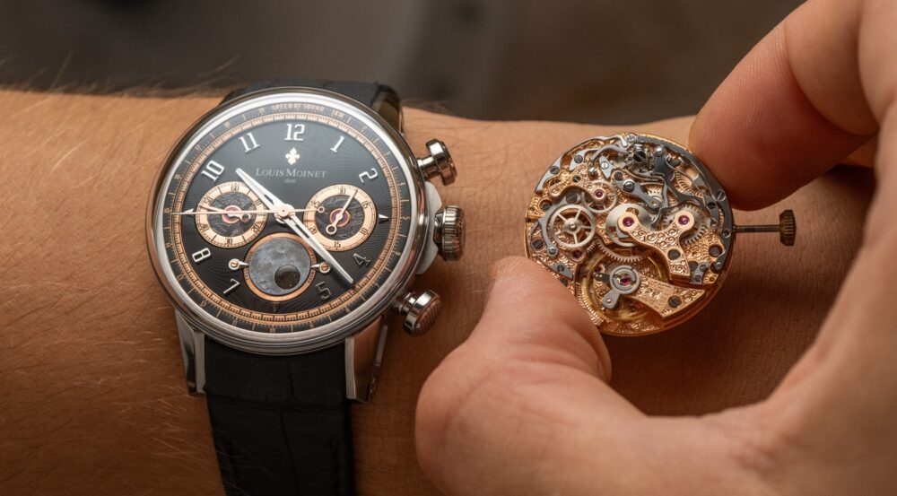 The Louis Moinet Speed of Sound sports a reworked and engraved vintage Valjoux movement