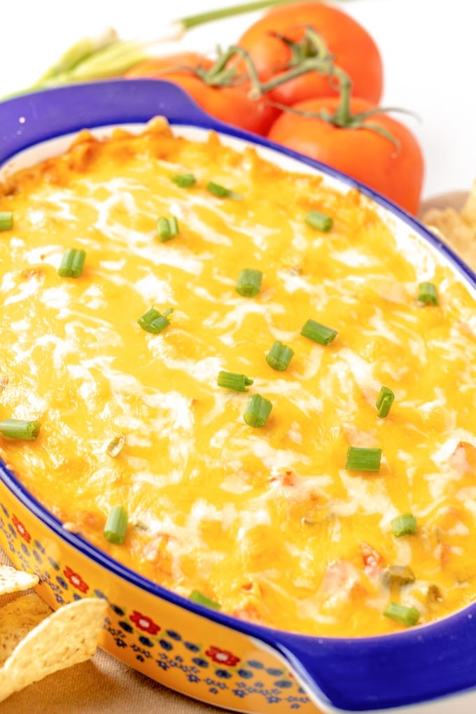 yellow casserole dish with blue and red flower, melted cheese and green onions, tomatoes