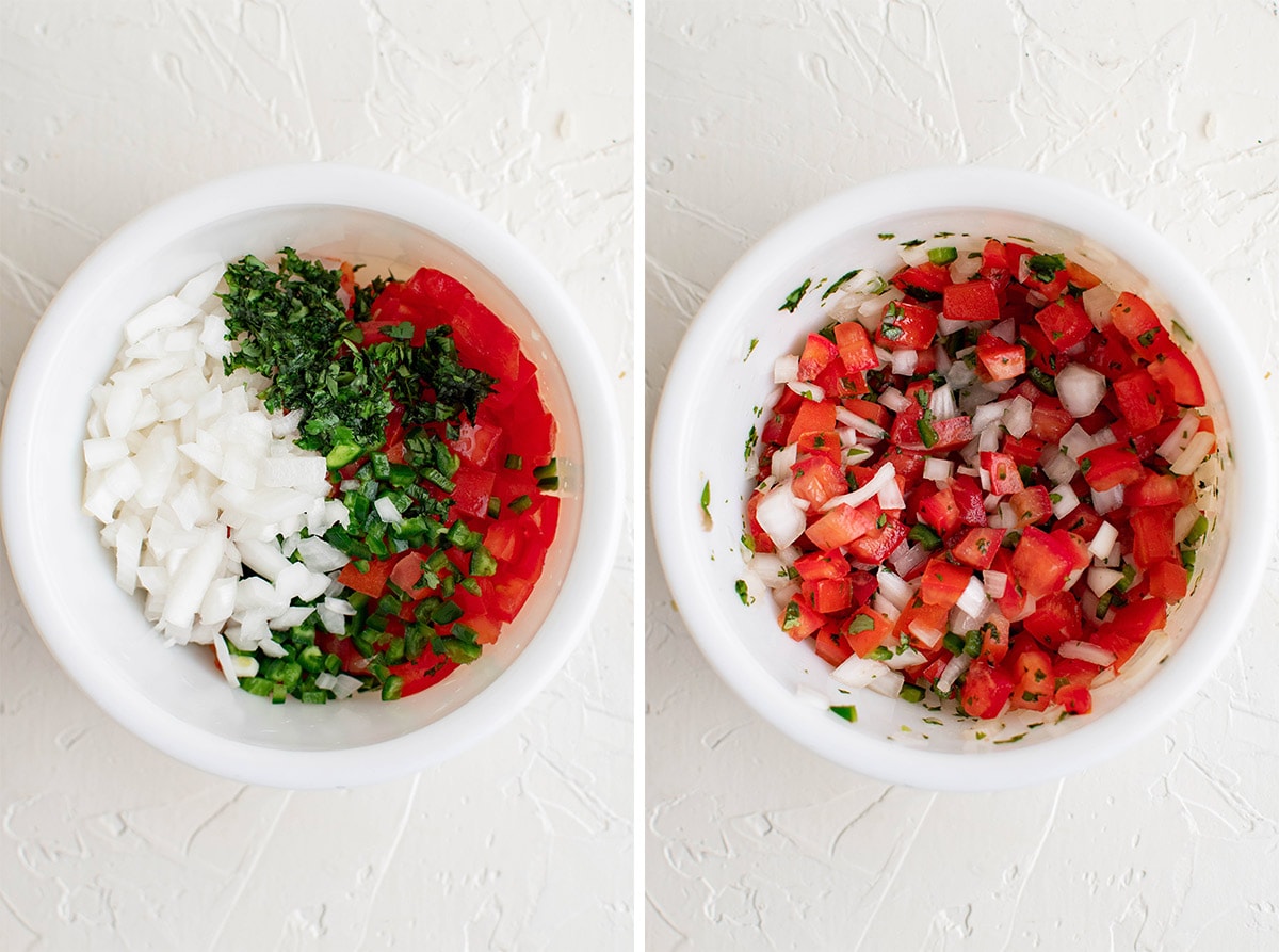 two images - pico de gallo before and after mixing