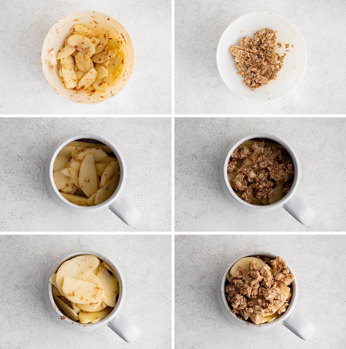 A collage of images showing how to make apple crisp in a mug.