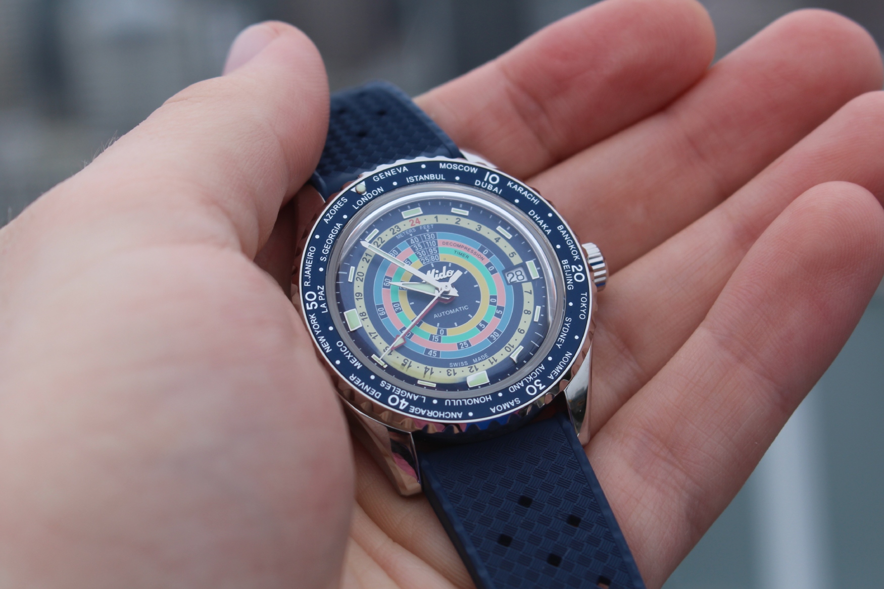 Mido Ocean Star Decompression Worldtimer closeup