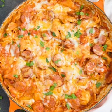 A pan filled with Sausage and Tortellini