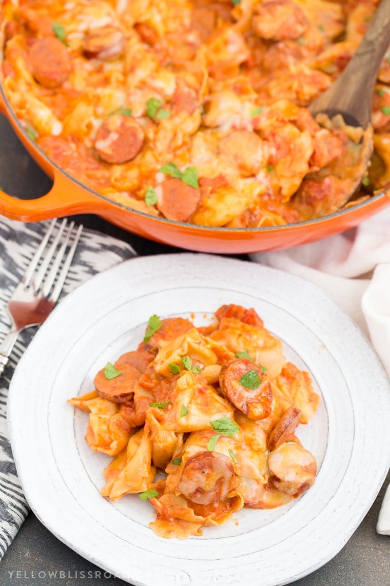 Creamy One Pan Tortellini and Smoked Sausage is a quick and delicious meal that combines tender, cheese-filled pasta with smokey sausage in a creamy sauce.