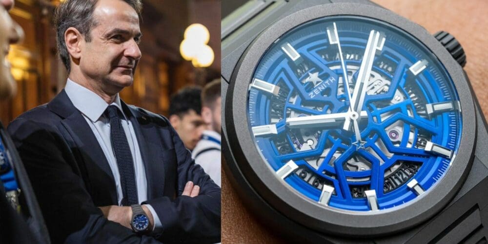 Greek Prime Minister Kyriakos Mitsotakis wears the Zenith Defy Classic Skeleton “Night Surfer” Time+Tide Edition