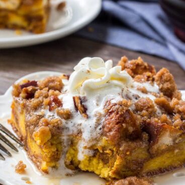 A close up of Pumpkin Pie French Toast Casserole