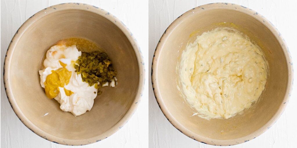 2 bowls with ingredients for potato salad dressing, then the dressing mixed