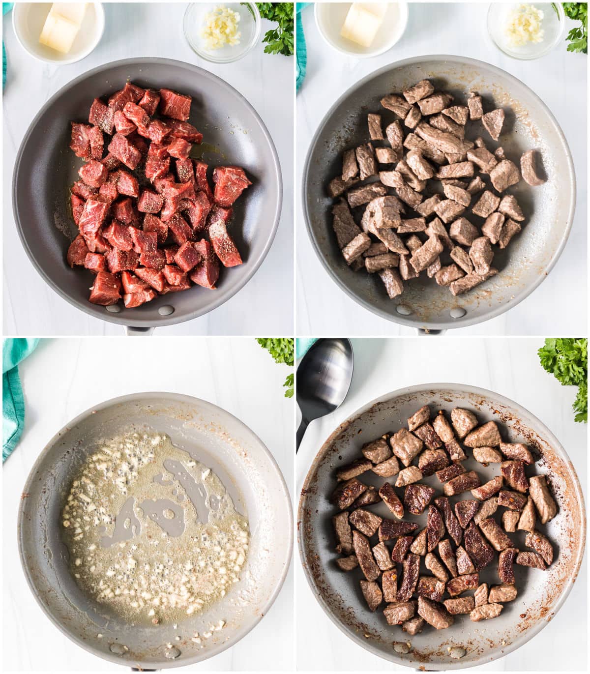 collage of making steak bites in a skillet