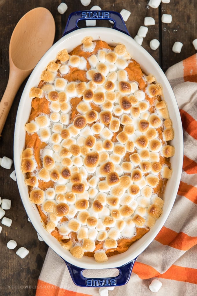 My Sweet Potato Casserole Recipe is a classic Thanksgiving side dish with fresh mashed sweet potatoes, brown sugar, cinnamon, and topped with marshmallows!