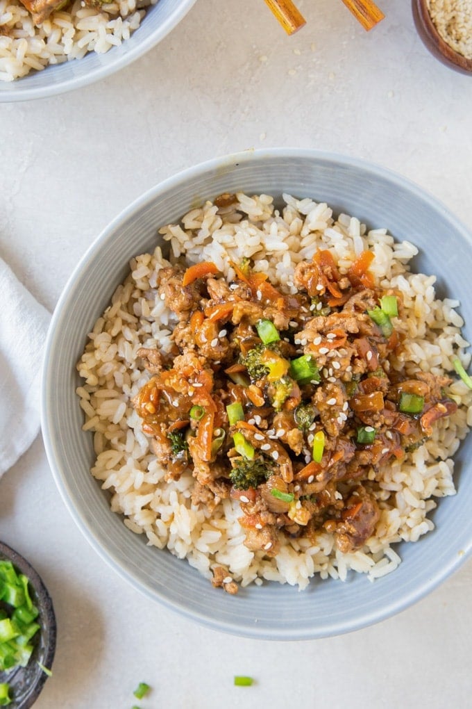 bowl with lean ground turkey, rice and vegetables