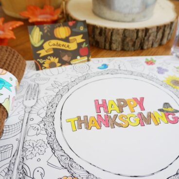A coloring printable that says Happy Thanksgiving on the table