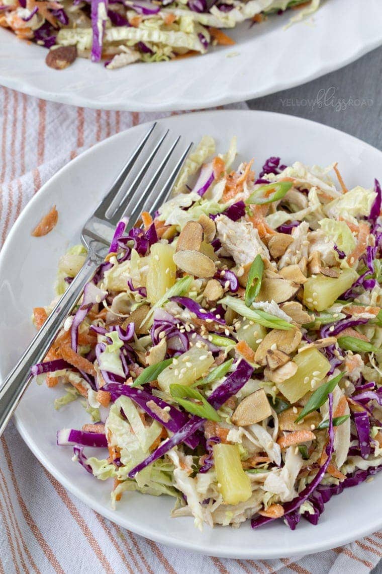 Tropical Chicken Slaw with Creamy Pineapple Vinegairette, Toasted Almonds & Sesame Seeds