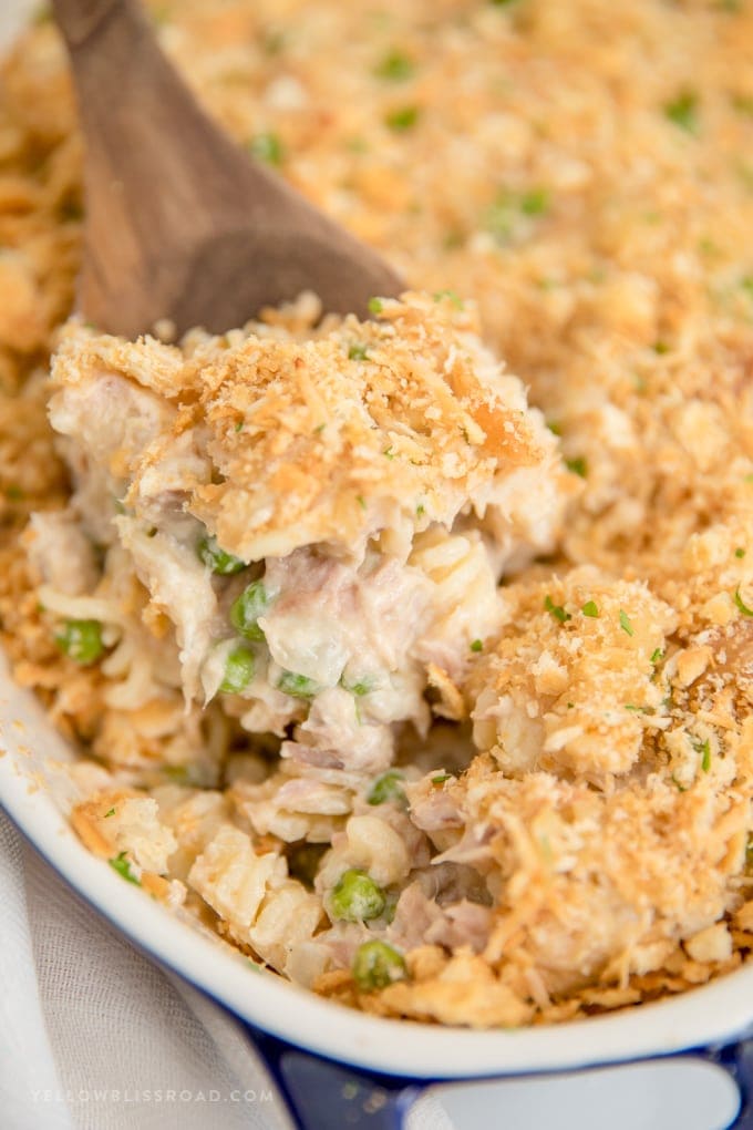 a close up image of Tuna Casserole on a spoon.