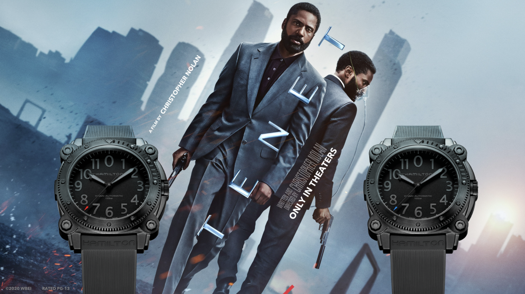 tenet movie poster with a pair of hamilton khaki belowzero watches