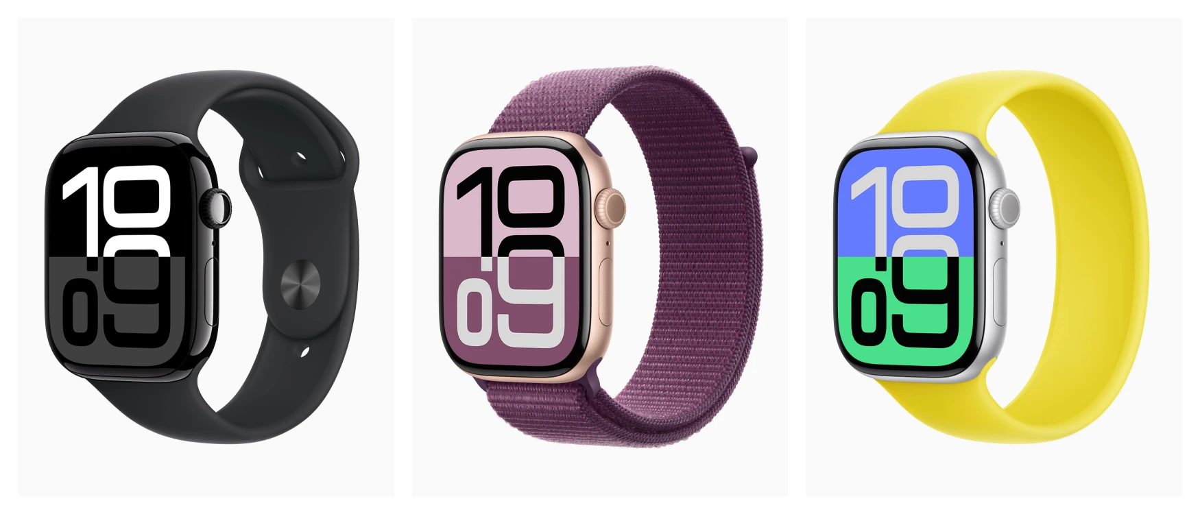 Apple Watch Series 10 aluminium options with black, purple, and yellow bands.