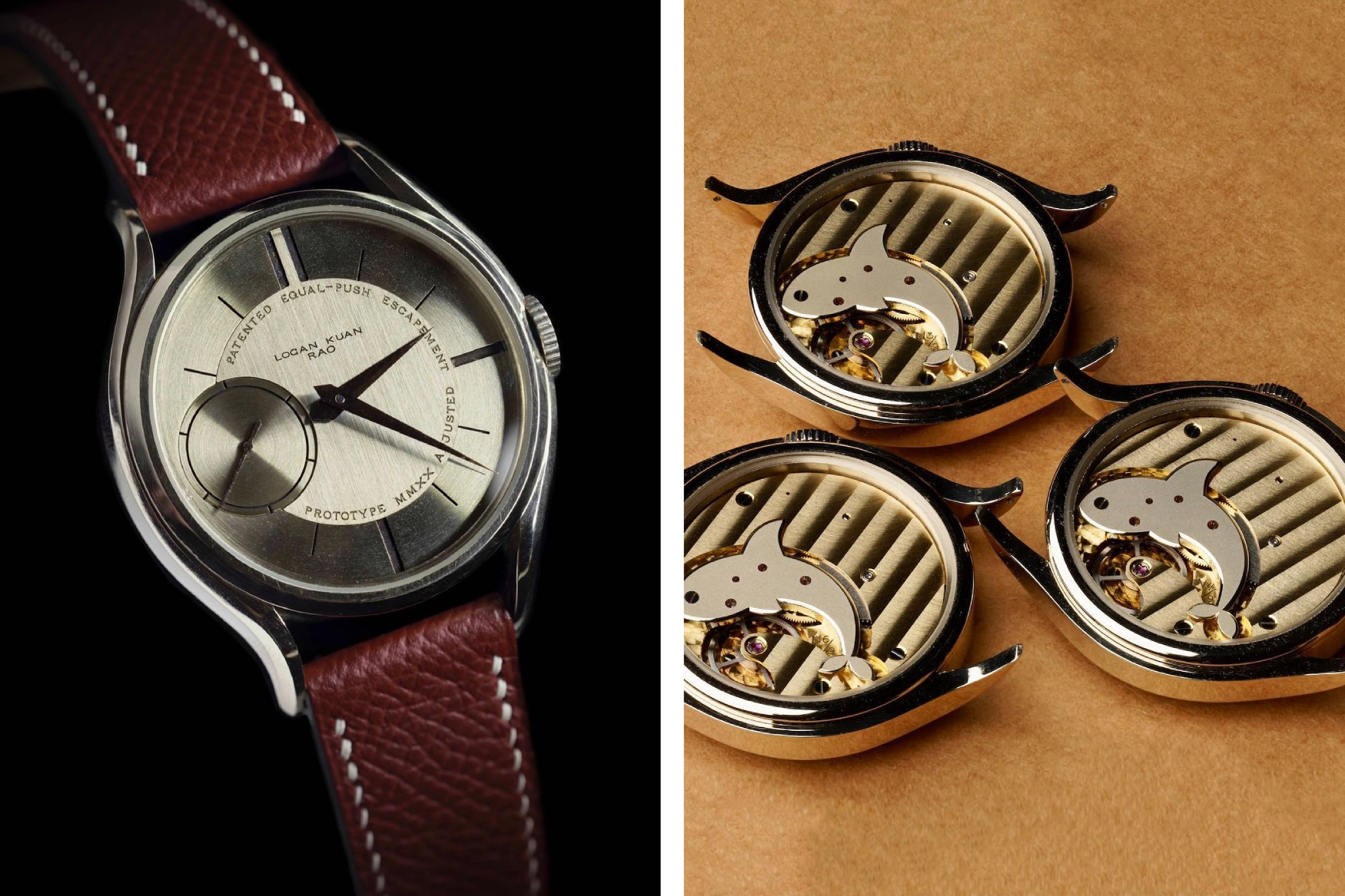 Two images side-by-side of Logan Kuan Rao watches, Iceberg prototype on the left  and three Orca movements on the right.